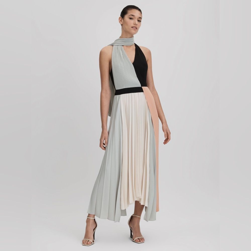Reiss Zadie Pleated Asymmetric Midi Dress Size 4 Pink/Cream Wedding Guest Dress